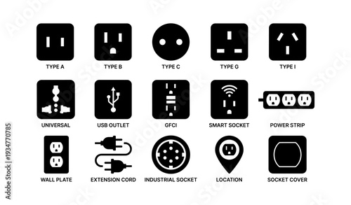 Electrical socket icons: types a, b, c, g, i, usb, gfci, smart, power strip