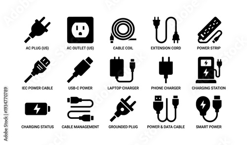 Various electronic cables and power outlets icons collection