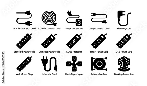 Icon set of extension cords and power strips with various configurations