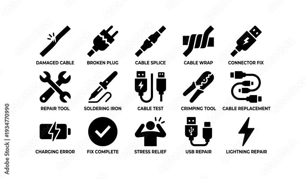 Fototapeta premium Electrical repair icons: cable fix, tools, error solutions