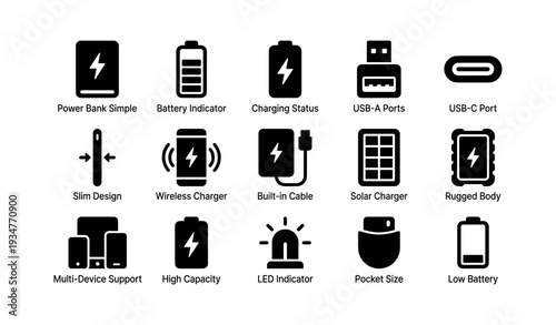 Portable charger icons: battery, usb-c, wireless, solar, pocket-size features