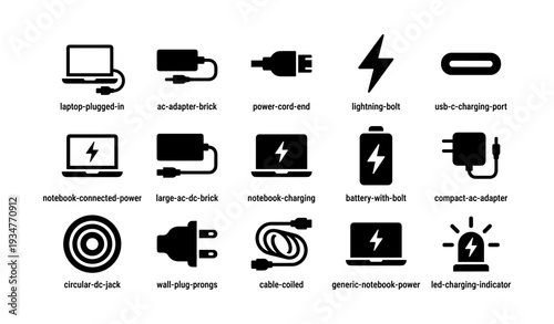 Laptop power icons: connections, charging and adapters with symbols