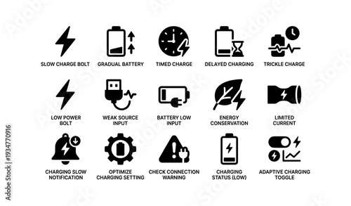 Icons for charging solutions: speed, battery, energy, efficiency, conservation, alerts, connections