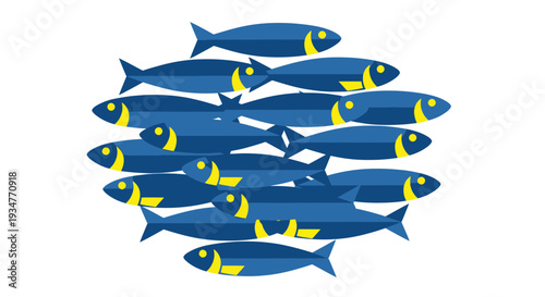 School of blue fish swimming in a tight circle, illustration