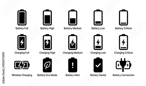 Battery icons set: charging levels, wireless, eco mode, alert, connection