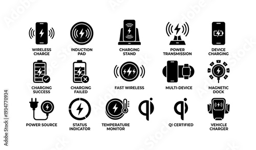 Wireless charging icons: induction, qi certified, device, pad, power symbols