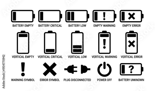 Battery icons: low, empty, error, warning, power off, plug disconnected