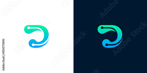 Abstract digital letter D logo with circuit board elements on white and dark backgrounds