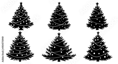 Silhouette Christmas Trees with Lights and Star Decorations