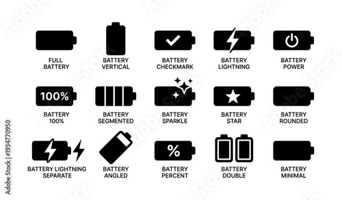 Various battery icons: full, segmented, lightning, power symbols