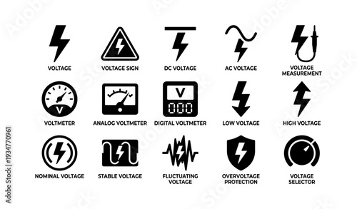 Electricity symbols: voltage, measurement, overvoltage protection icons collection