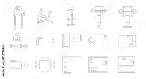 Top view floor plan icons: gym, furniture, bathroom, kitchen, dining set