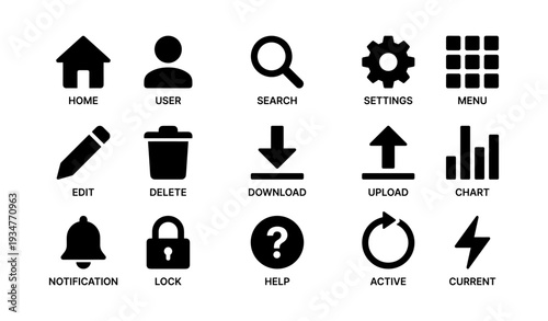 Collection of user interface icons: home, user, search, settings, edit, delete, download, upload