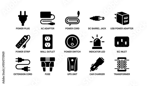 Electrical components icons set: power plug, adapter, cord, charger, transformer