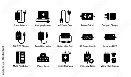 Collection of power adapters and charging icons in black
