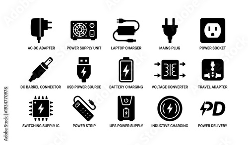 Icons of electrical adapters and power supplies in black silhouettes