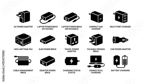Various types of power adapters and chargers icon set