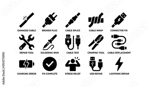 Electrical repair icons: cable fix, tools, error solutions