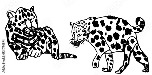 Authentic child's drawing of two jaguars.Cute spotted leopards drawn by a kid.