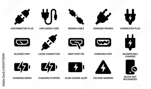 Electrical plug and charger issues: icons depicting common connection problems