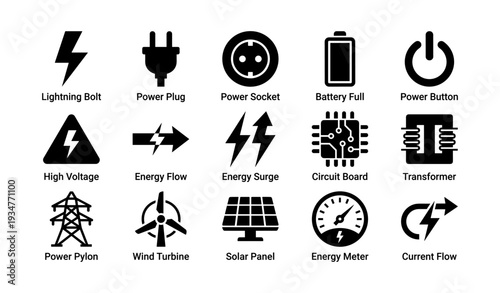 Energy symbols: power, electricity, sustainability, technology icons