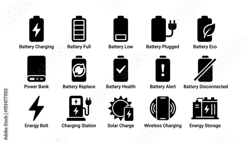 Battery and energy icons set: charging, plugging, solar, wireless, storage