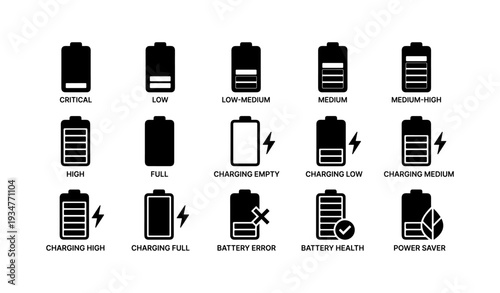 Battery charge levels and status icons for energy management
