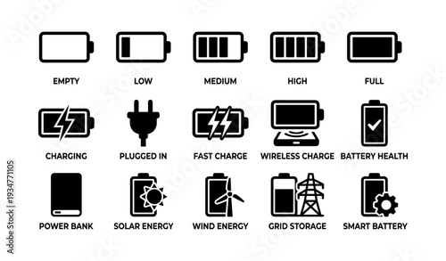 Battery charge icons: empty to full levels, charging methods, renewable energy options