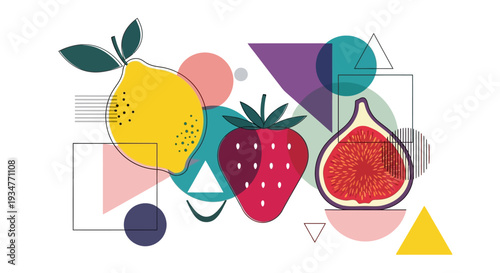 Colorful abstract illustration of fruits and geometric shapes.