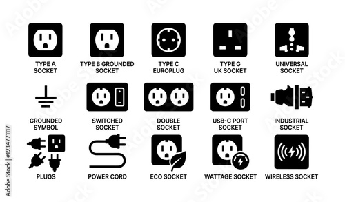 Various electrical socket types icons including usb-c and wireless symbols