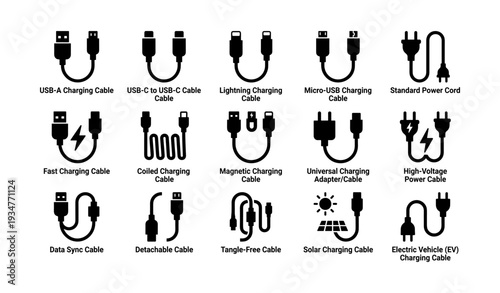 Various charging cables and adapters: usb, lightning, solar, and more