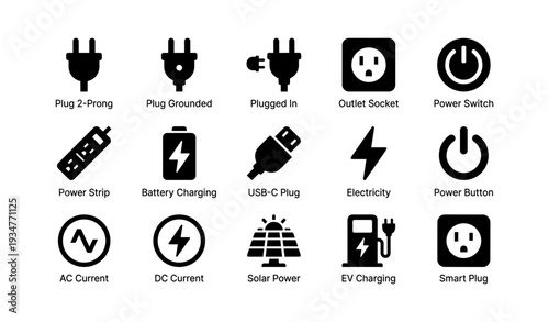 Electricity symbols collection: plugs, charging, power, and energy icons