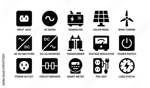 Icon set: electrical components and symbols for power generation and distribution