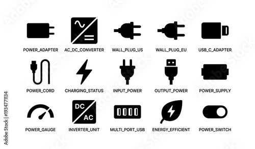 Electrical symbols: plugs, adapters, charging status, power switch