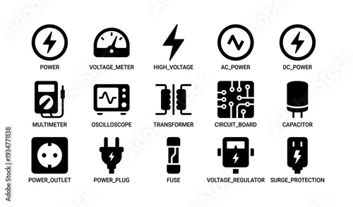 Electrical symbols set featuring power, voltage meter, high voltage, ac and dc power