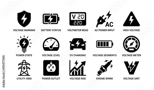 Electrical symbols: voltage, battery, ac power icons with utility grid and charging