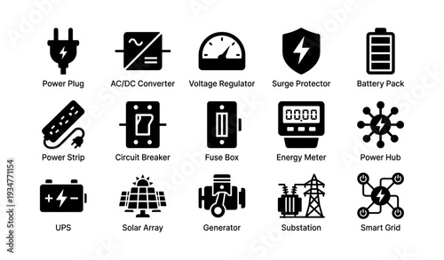 Electrical components: power plug, voltage regulator, battery pack, circuit breaker, smart grid technology