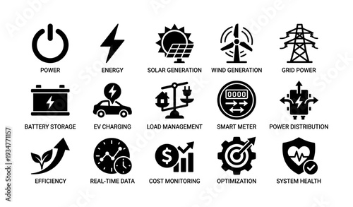 Energy and power icons: solar, wind, grid, battery, efficiency