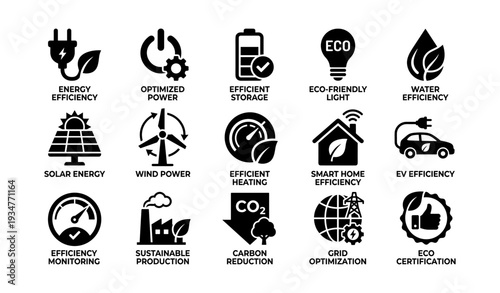 Icons representing energy efficiency and eco-friendly technology solutions