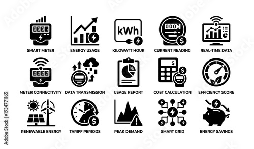 Energy management icons: usage, efficiency, smart meter and renewable insights
