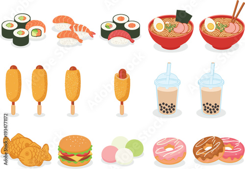 Asian street food collection with sushi ramen shrimp corn dogs bubble tea burgers donuts and fried chicken vector illustration