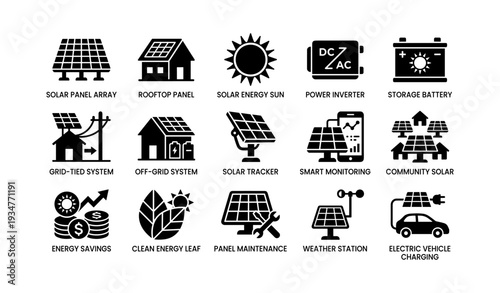Solar energy technology icons: panels, inverters, batteries, monitoring systems, charging