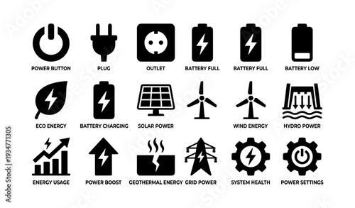 Energy and power icons set: battery, solar, wind, and grid symbols