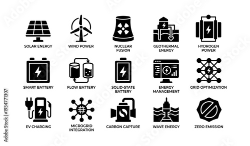 Renewable energy icons: solar, wind, nuclear, geothermal, hydrogen, battery, grid, carbon