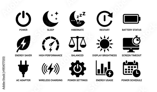 Power and energy icon set: sleep, hibernate, charging, settings, energy saver symbols
