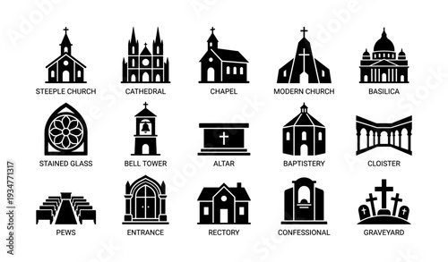 Church icon set featuring cathedral basilica chapel and more