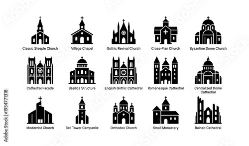Icons of church architecture: steeple, gothic, byzantine, basilica, modernist styles