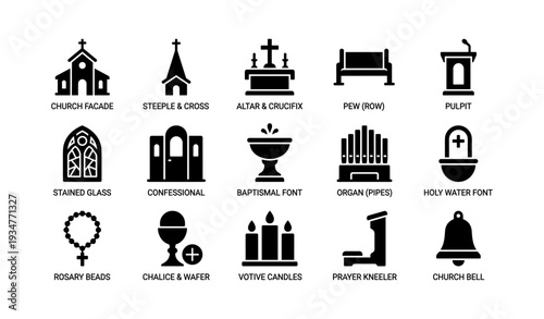 Church symbols: altar, pew, organ, font, chalice, pulpit, stained glass, rosary