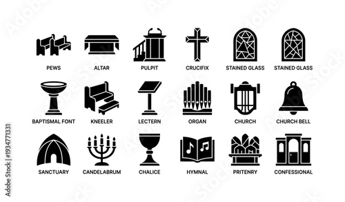 Church symbols: pews, altar, pulpit, crucifix, stained glass, baptismal font, kneeler