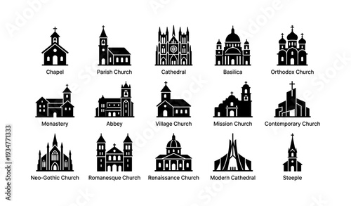 Collection of church icons: chapel, cathedral, basilica, and more